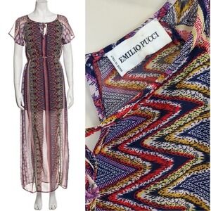 Rare Emilio Pucci Maxi Dress Womens XS Chevron Semi Sheer Front Slits Ethereal
